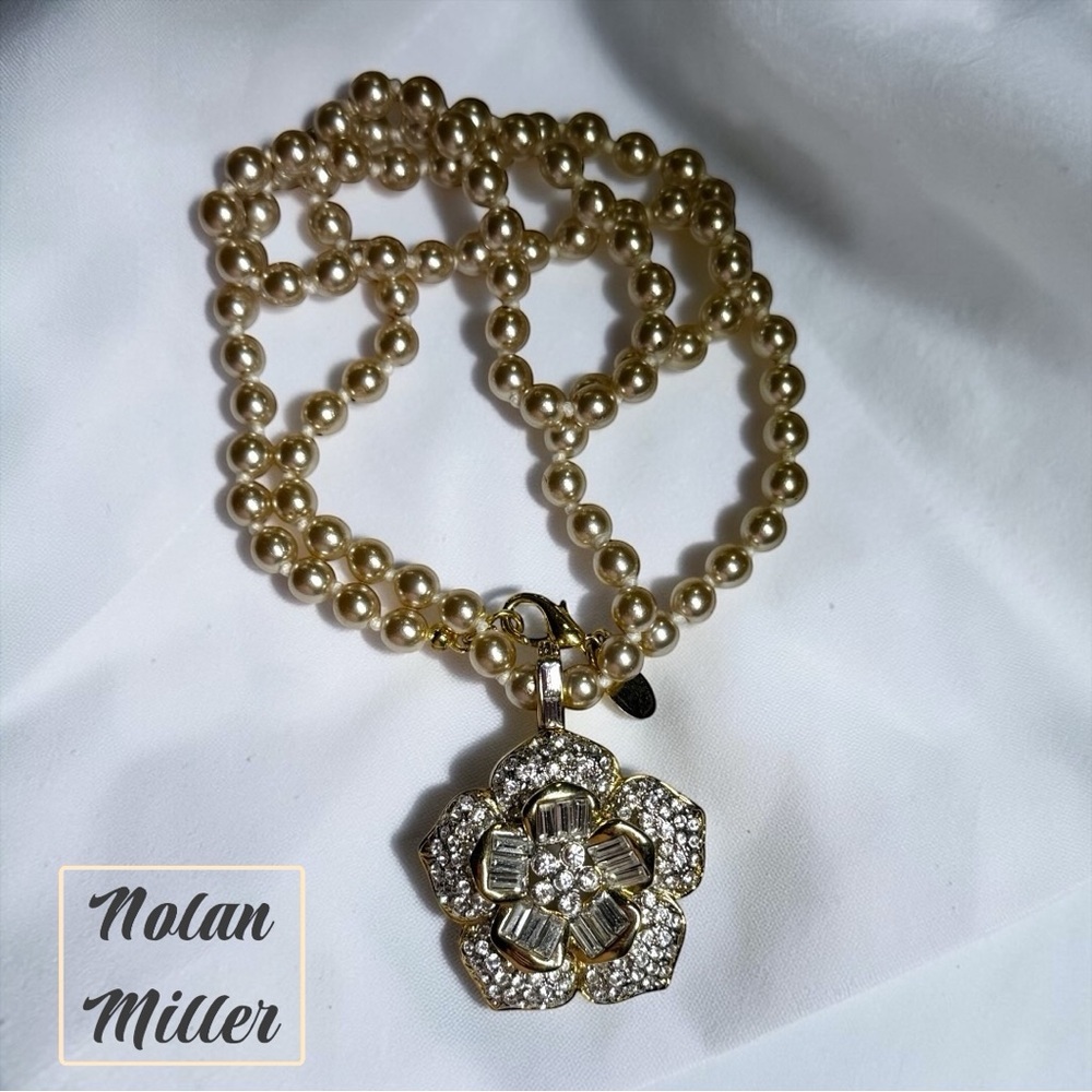 Nolan Miller Champagne Faux Pearl Strand w/ Crystal Flower Pendant Enhancer